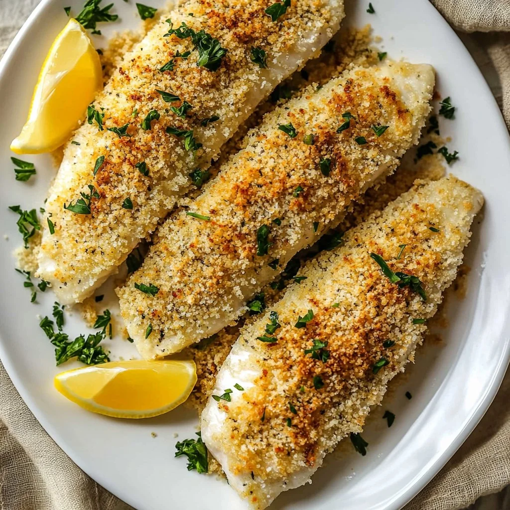 A delicious serving of Baked Pollock with herbs and lemon