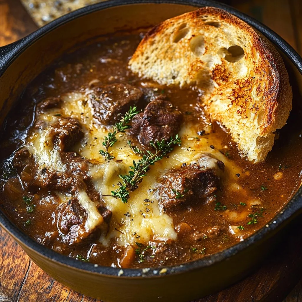 Bowl of hearty beef short rib soup garnished with herbs and vegetables