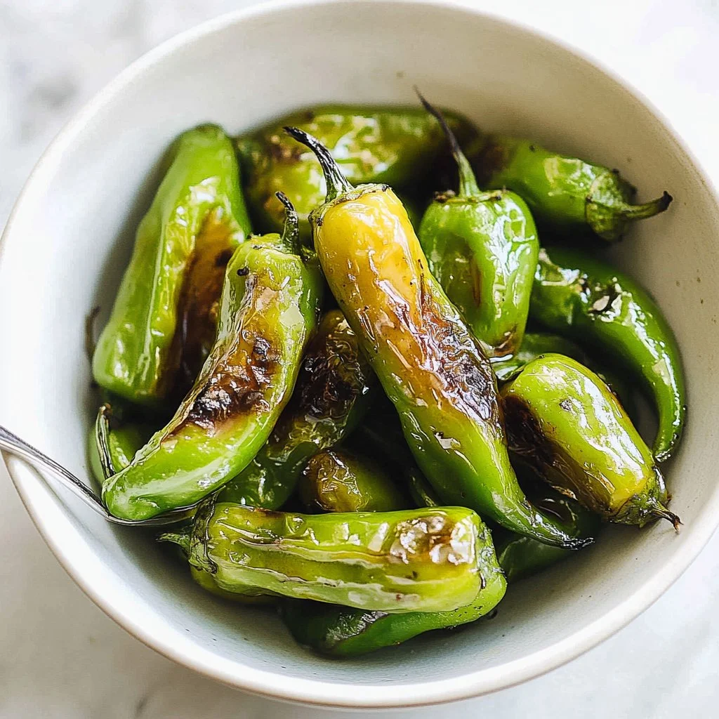 Blistered Shishito peppers served on a plate
