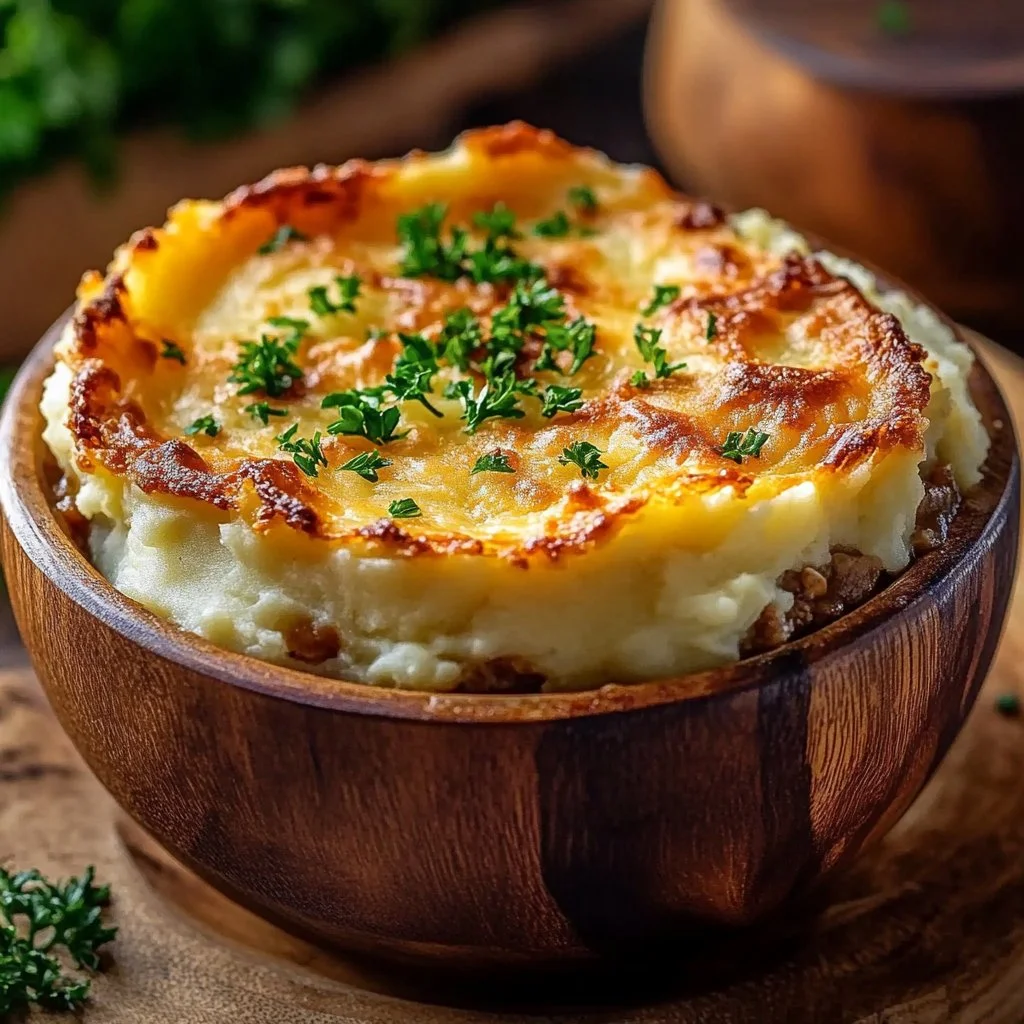 Delicious cheesy Shepherd's Pie soup in a bowl topped with herbs