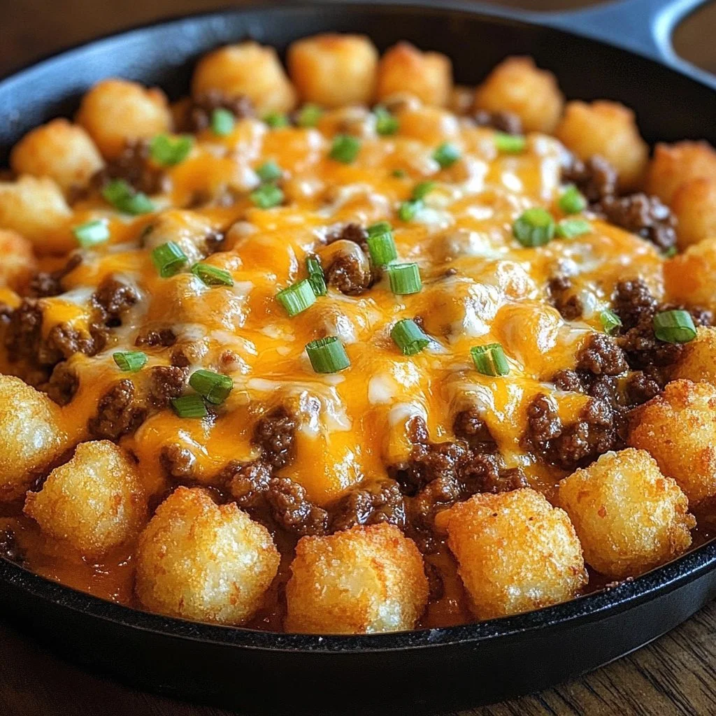 Plate of Cheesy Tater Tot Sloppy Joes with melted cheese and crispy tots