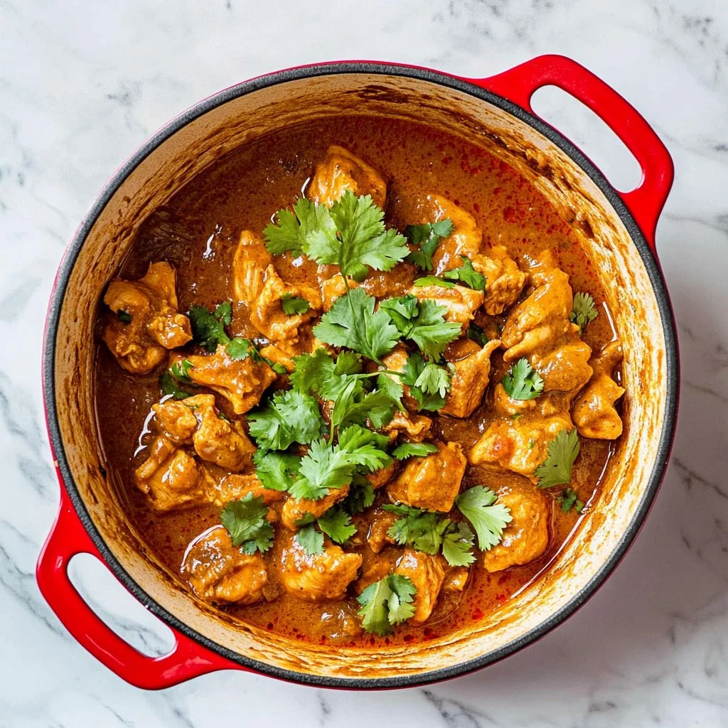 A bowl of flavorful chicken curry served with rice and garnished with cilantro.