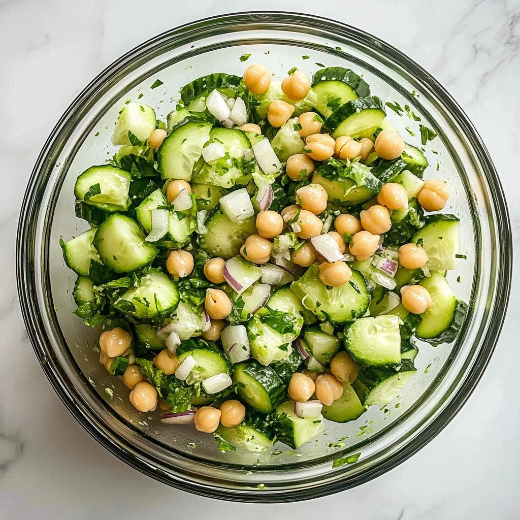 Chickpea cucumber salad with fresh vegetables and herbs in a bowl.