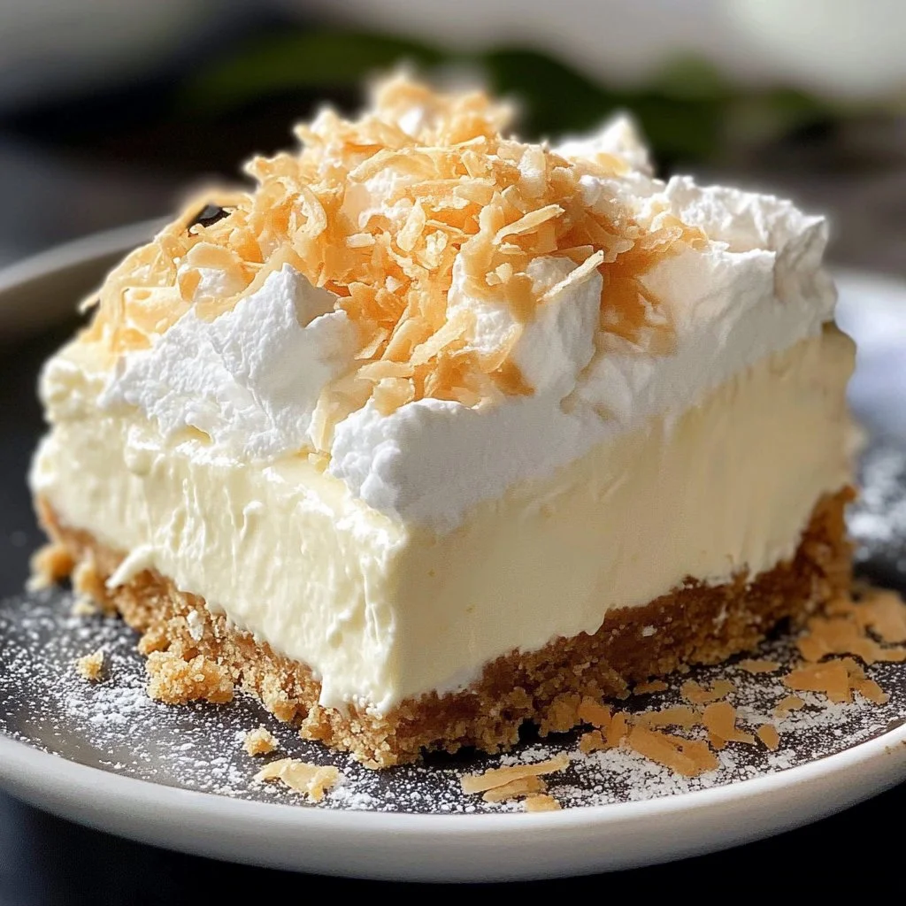 Delicious Coconut Cream Lush dessert served in a glass dish