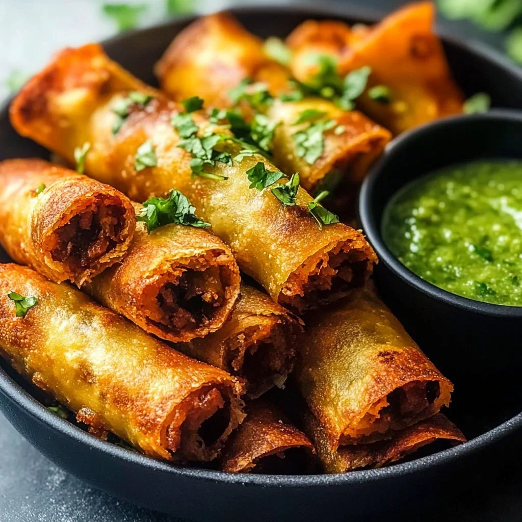 Crispy baked vegan taquitos on a plate, garnished with fresh toppings.