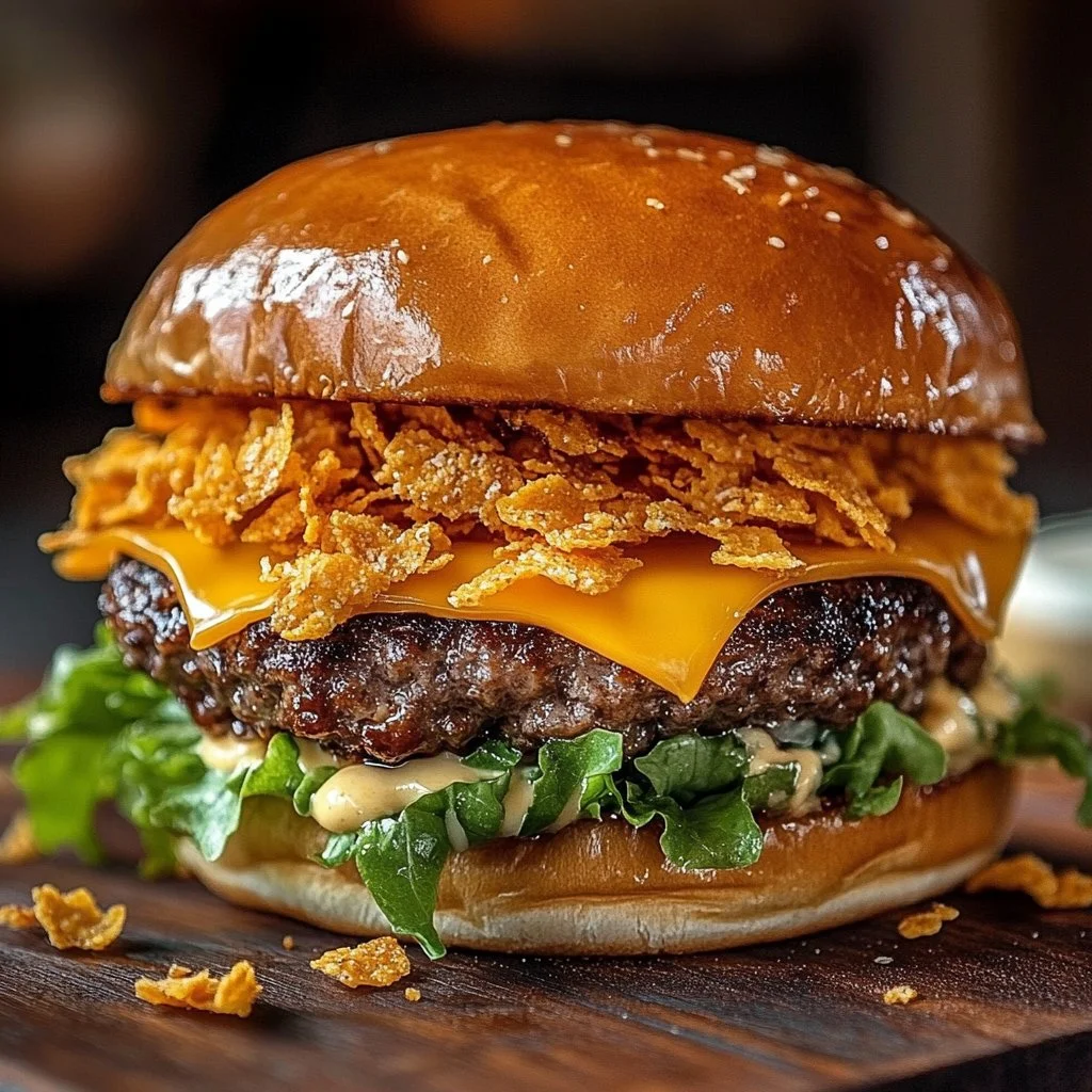 Delicious Dorito Cheeseburgers topped with cheese and crunchy Doritos