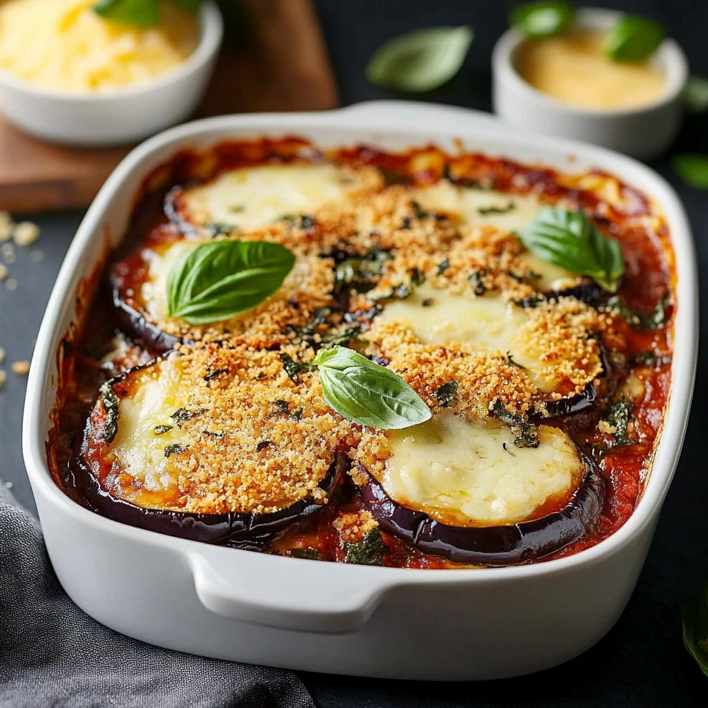 Delicious Eggplant Parmesan with layers of eggplant, marinara sauce, and melted cheese.