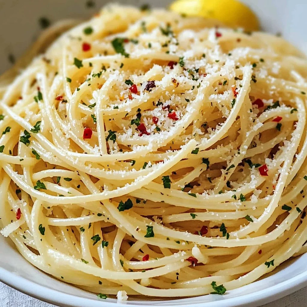 Delicious garlic spaghetti served with fresh parsley and parmesan cheese.