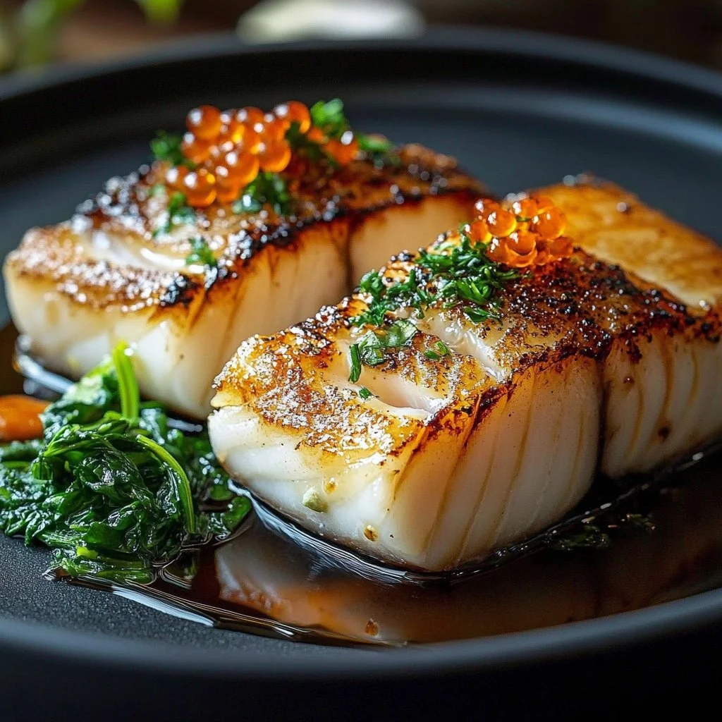 Ginger soy glazed cod served on a white plate with garnishes.