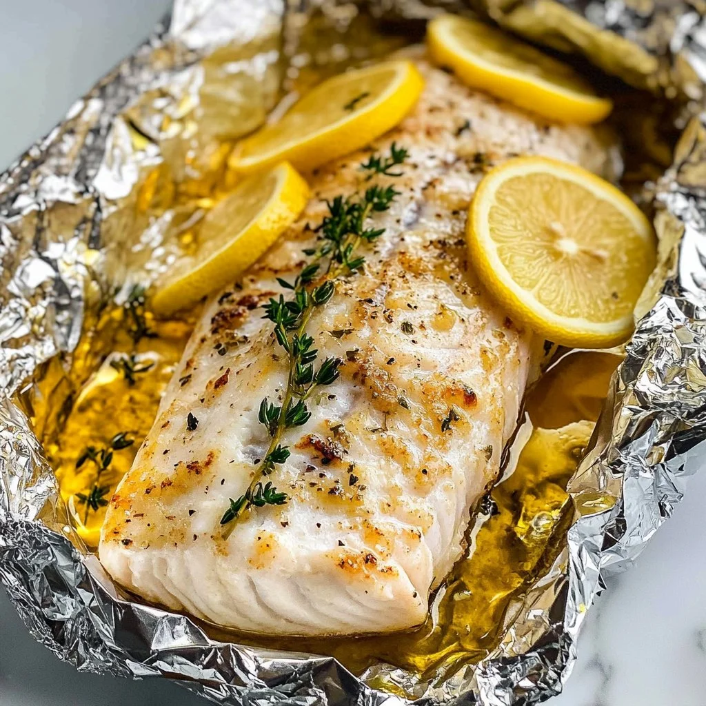 Delicious grilled cod in foil with herbs and lemon ready to serve