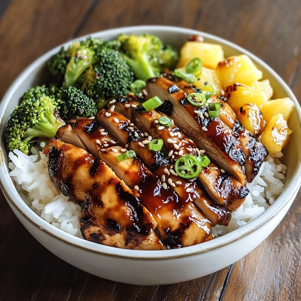 Huli Huli Chicken Rice Bowl with vibrant vegetables and pineapples