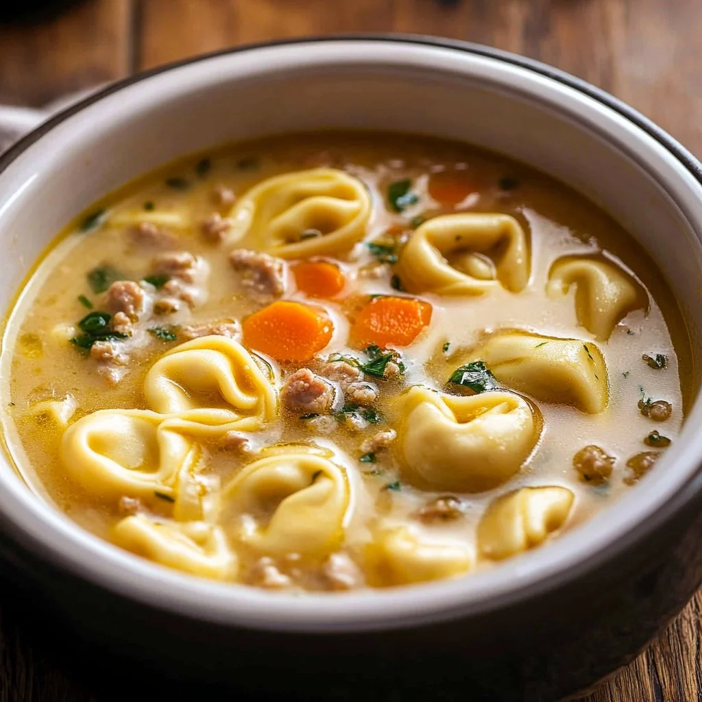 Bowl of Italian Sausage Tortellini Soup with fresh herbs and spices