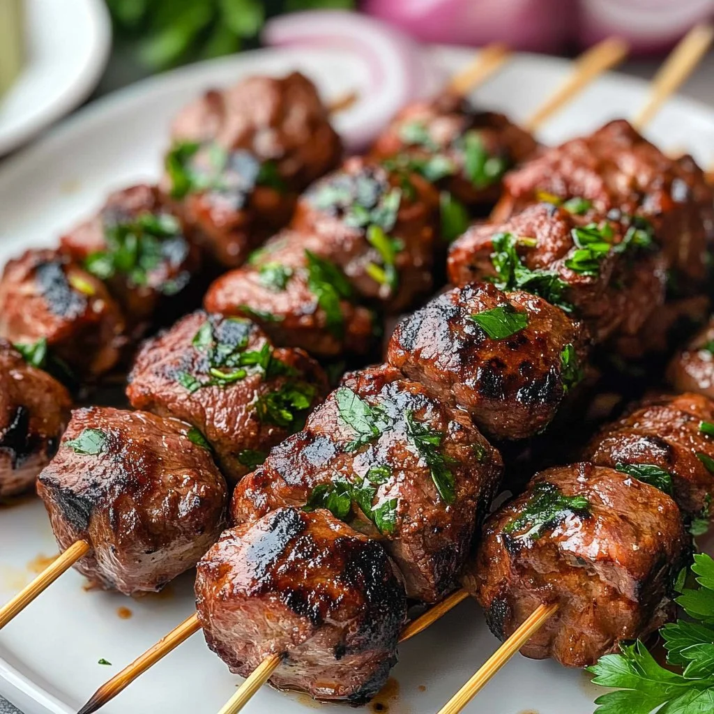 Grilled kofta kebabs served on a platter with fresh vegetables.