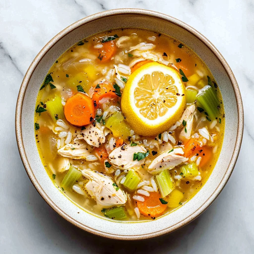 Bowl of lemon chicken rice soup garnished with fresh herbs.