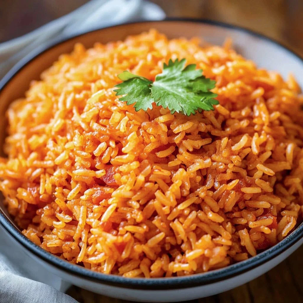 Delicious Mexican Rice served in a colorful bowl garnished with fresh herbs.