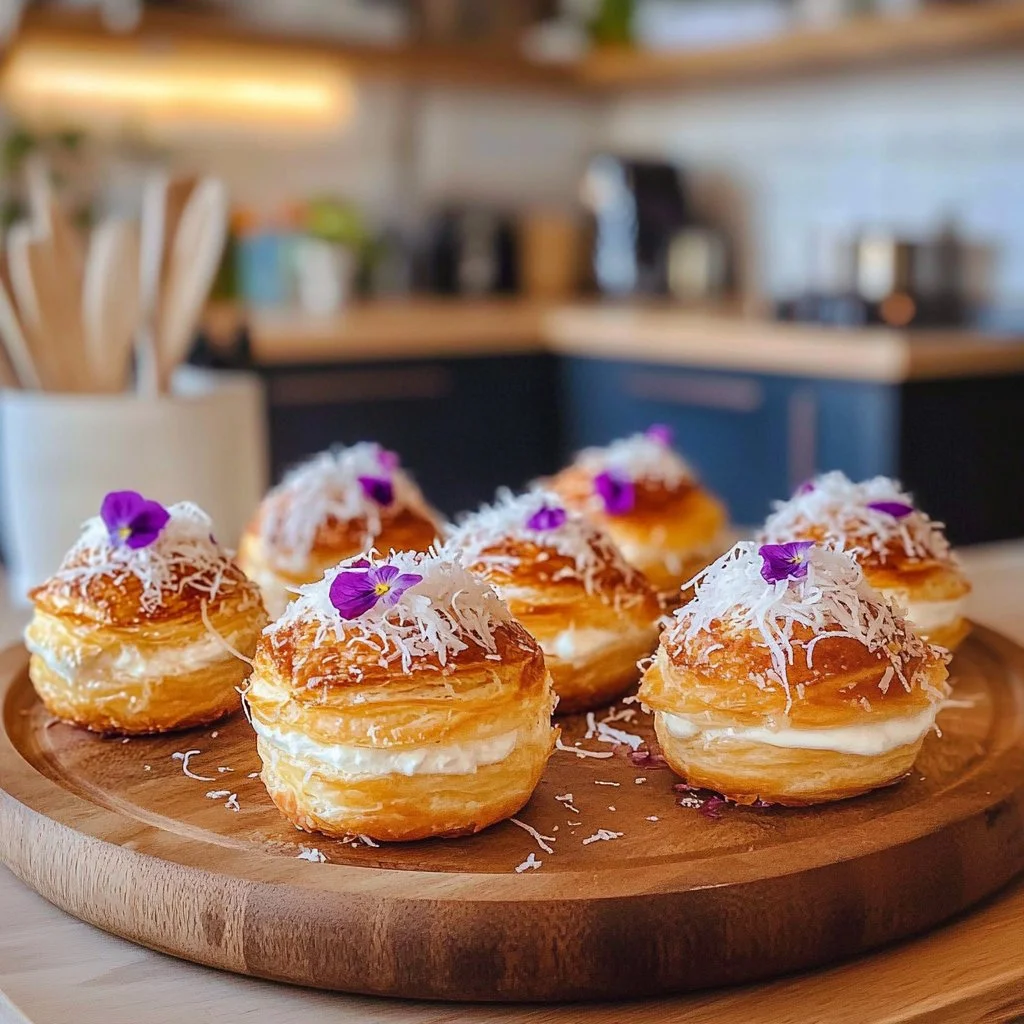 Mini Kunafa cream puffs filled with sweet cream and topped with pistachios