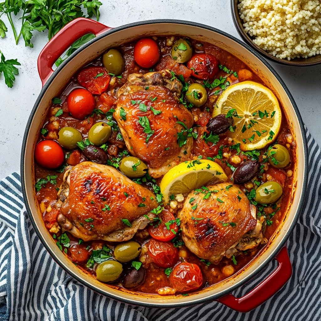 Delicious Moroccan chicken dish served with aromatic spices and vegetables.