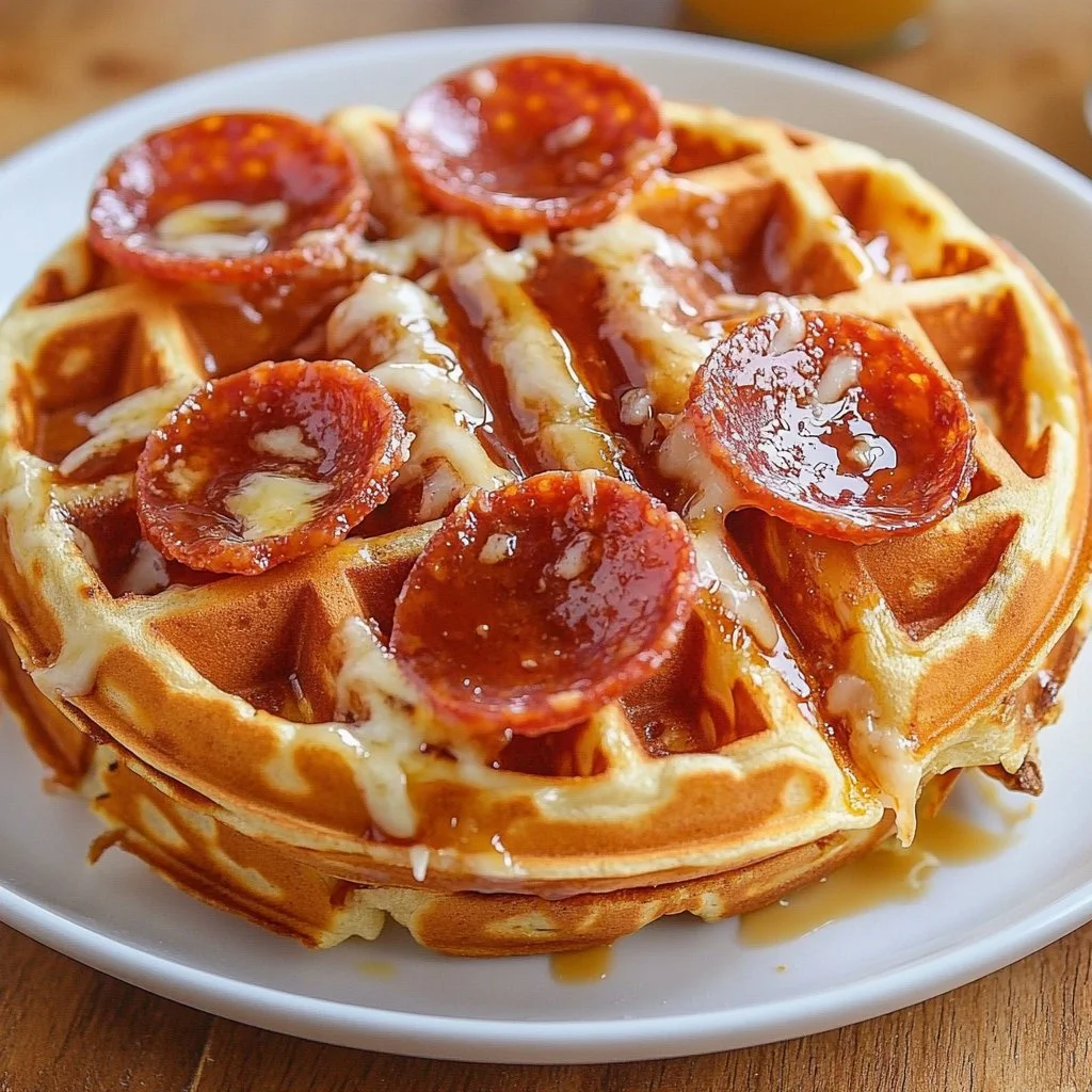 Pepperoni pizza waffles served with toppings and garnishes