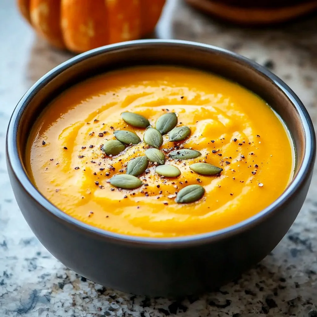 Bowl of creamy Pumpkin Apple Soup garnished with fresh herbs.