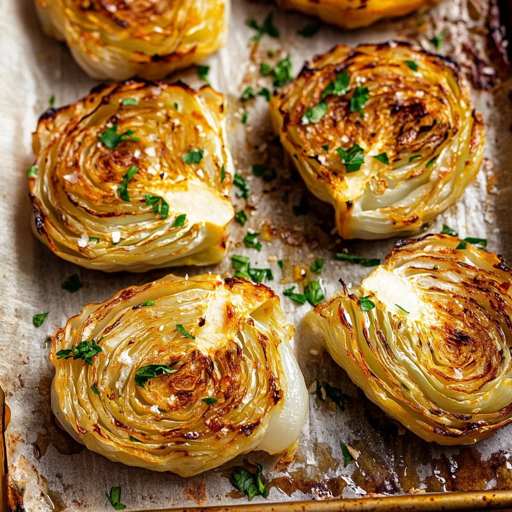 Roasted cabbage steaks served on a plate with herbs and seasoning