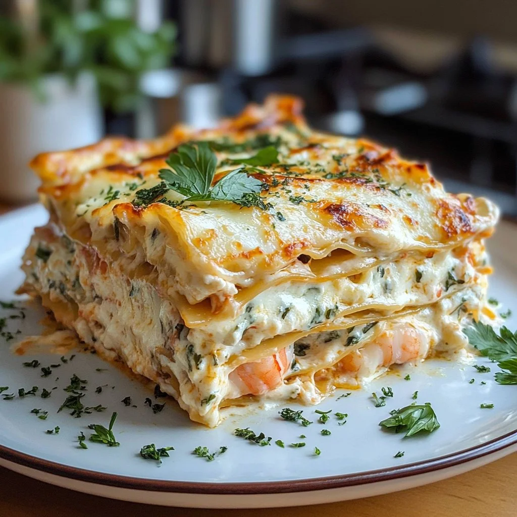 Delicious seafood lasagna with layers of seafood and creamy sauce