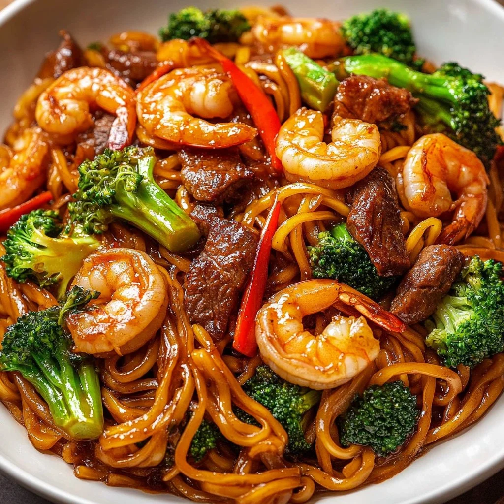 Shrimp and ribeye stir-fry with brown rice noodles served on a plate