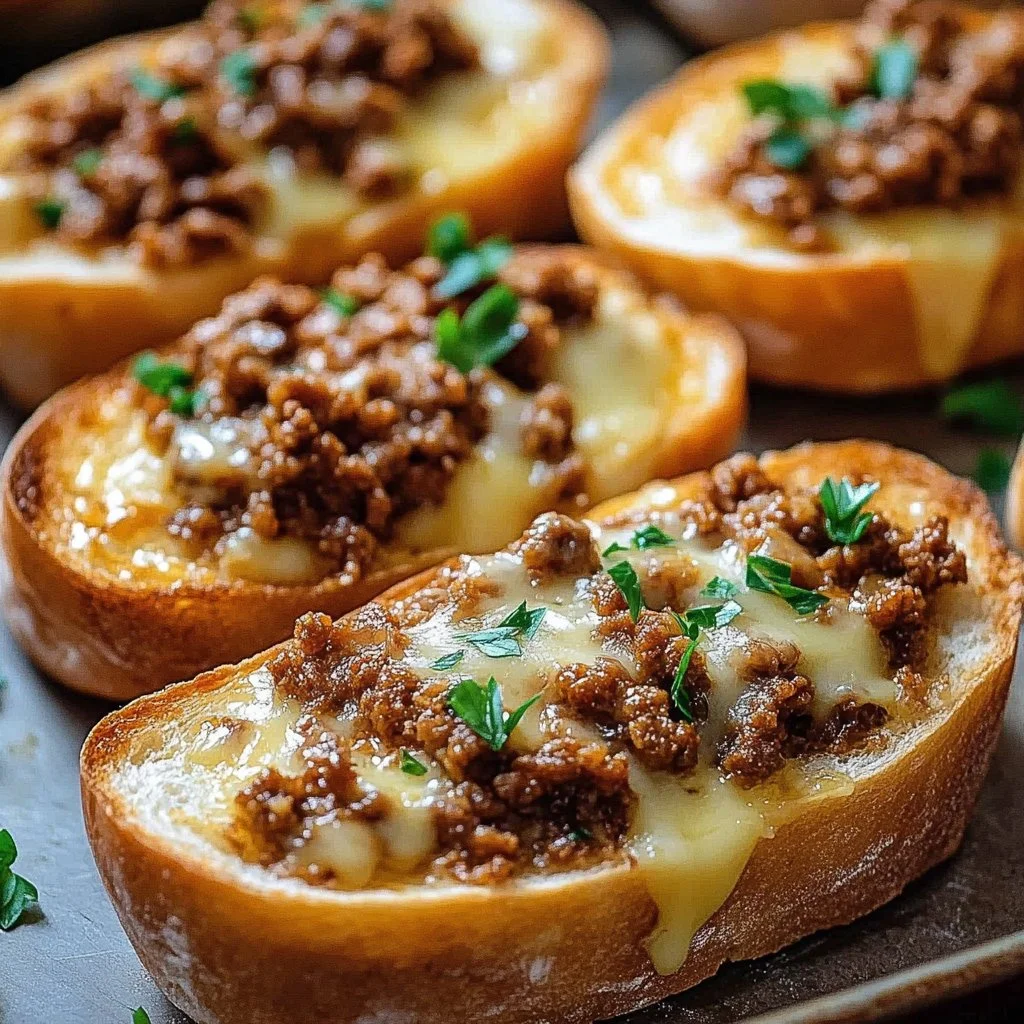 Delicious Sloppy Joe Garlic Bread topped with ground meat and melted cheese.