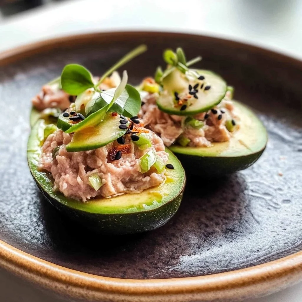 Tuna stuffed avocado served on a plate garnished with fresh herbs.