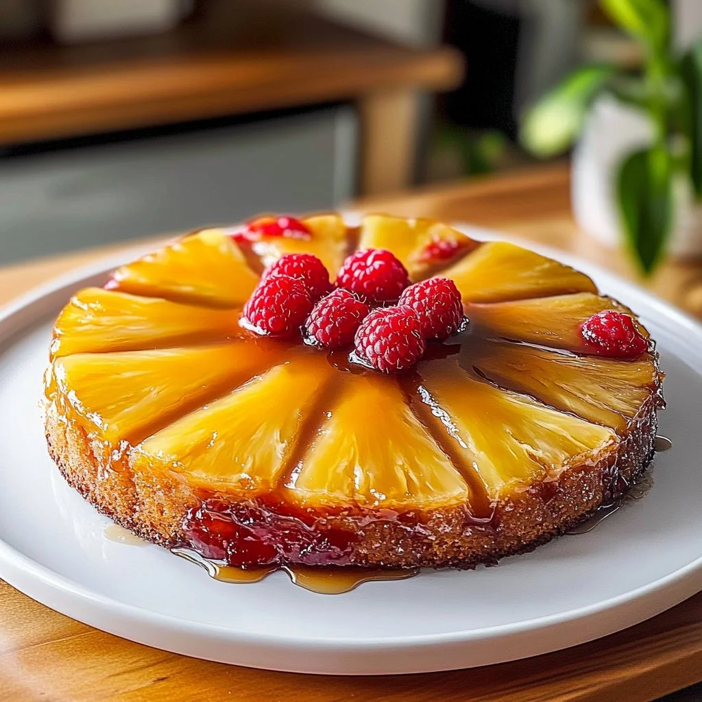 Delicious upside down pineapple cake topped with caramelized pineapple slices.
