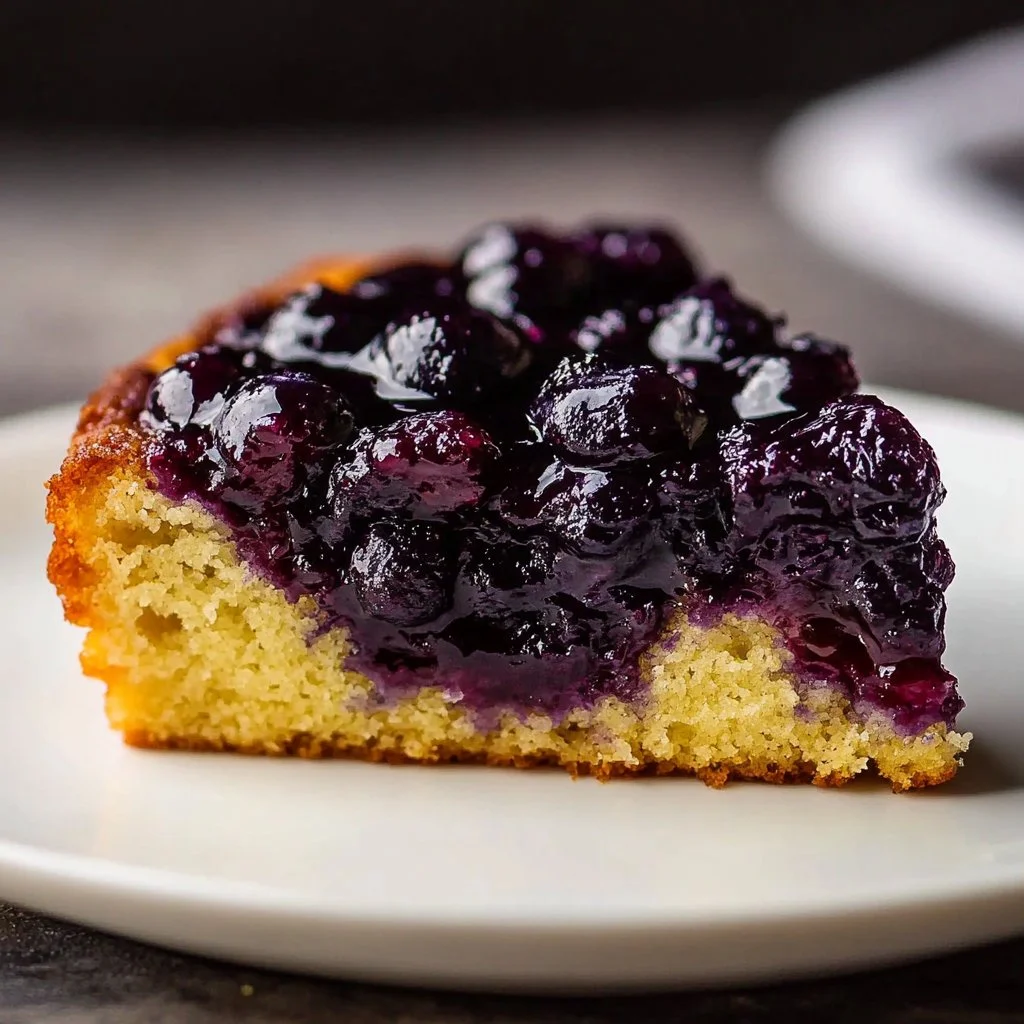 Delicious blueberry upside down cake served on a plate with fresh blueberries