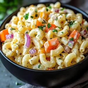 Bowl of Chicken Macaroni Salad with vegetables and dressing