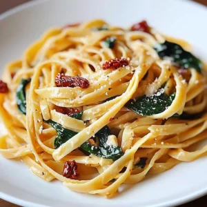 Creamy linguine dish topped with spinach and sun dried tomatoes
