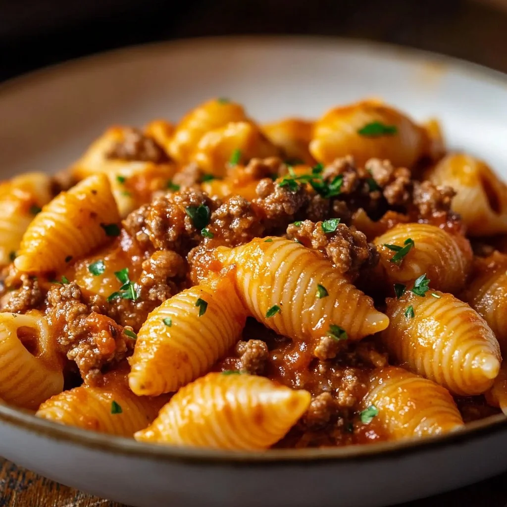 Creamy one-pot beef and shells dish garnished with herbs in a rustic bowl.