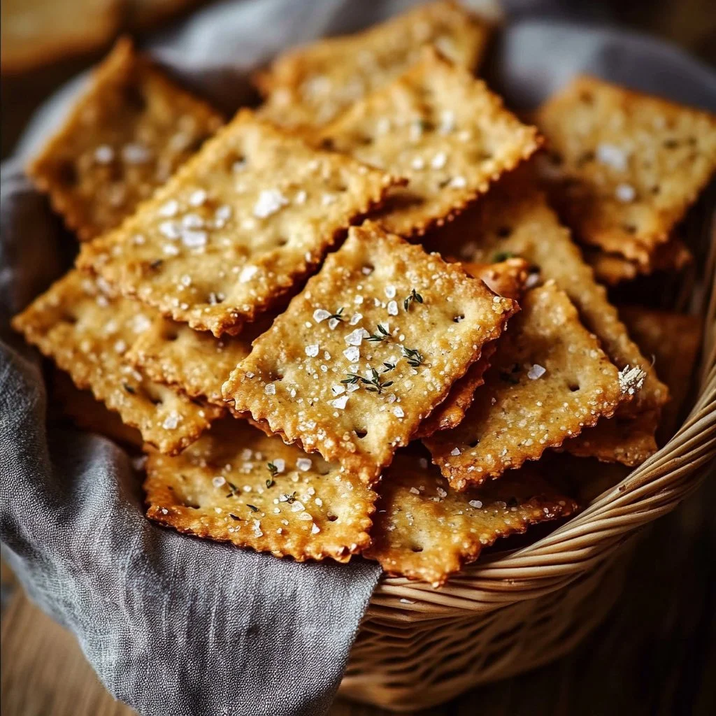 Crispy low-carb almond flour crackers on a wooden board