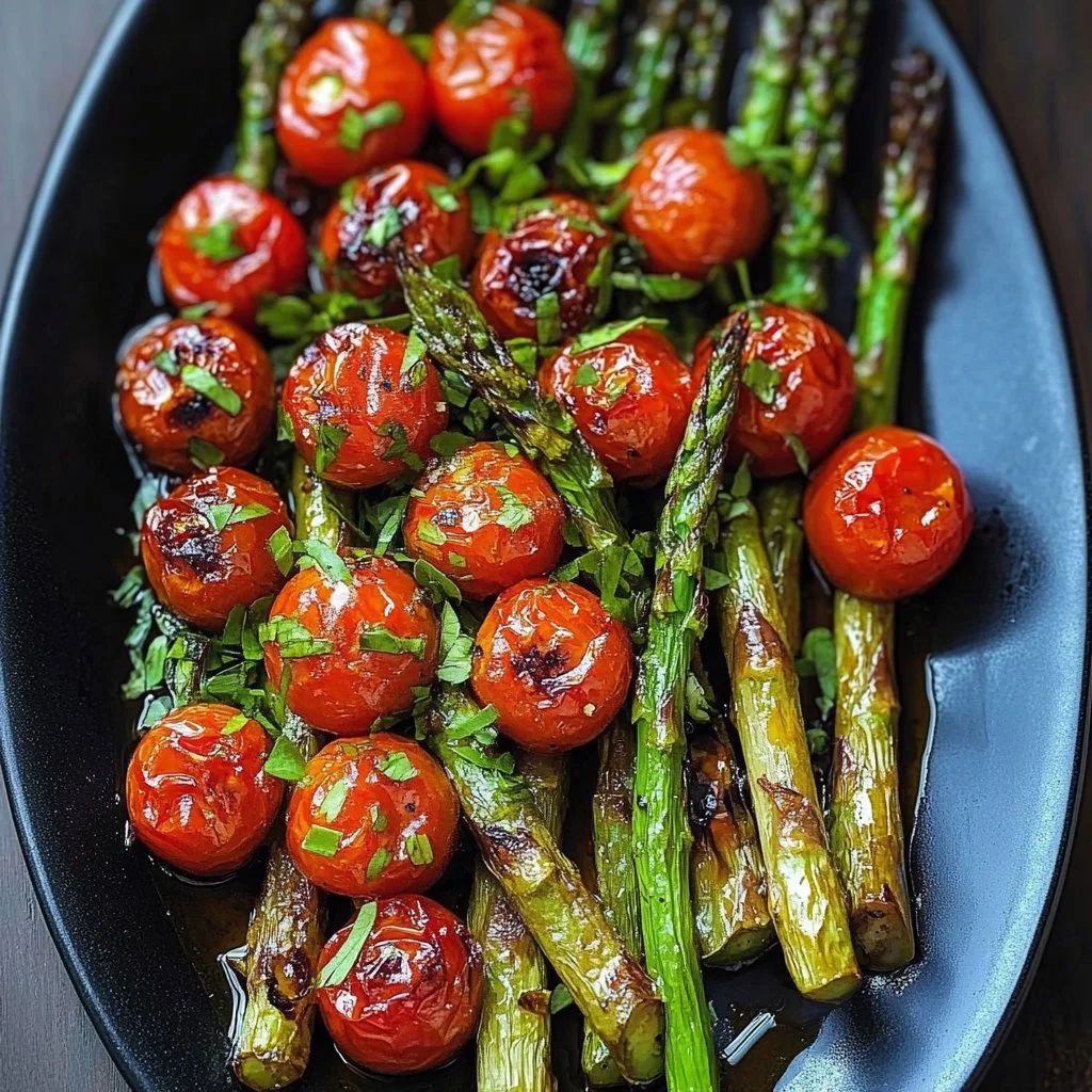 Plate of easy Parmesan roasted asparagus with tangy tomatoes and balsamic drizzle
