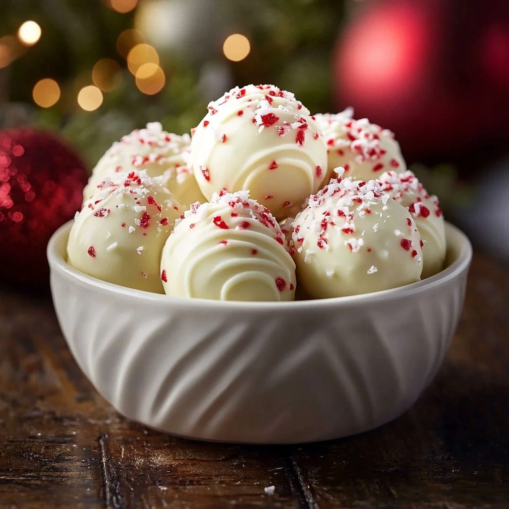Delicious easy white chocolate peppermint truffles on a festive plate