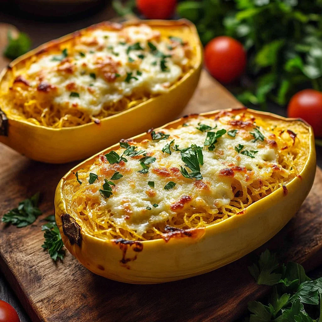 Garlic Parmesan Stuffed Spaghetti Squash topped with herbs and cheese