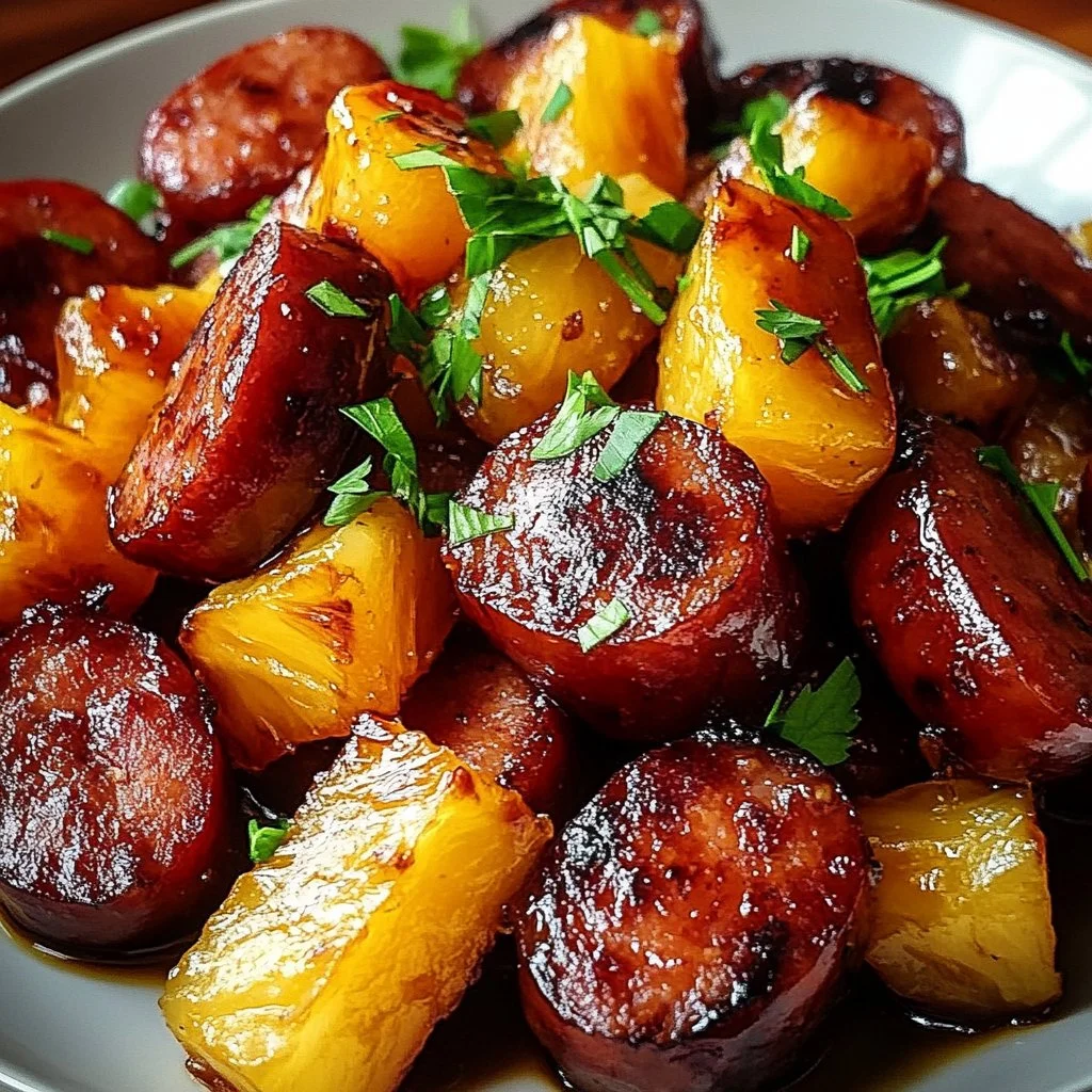 Glazed smoked sausage bites with teriyaki honey and pineapple on a serving platter