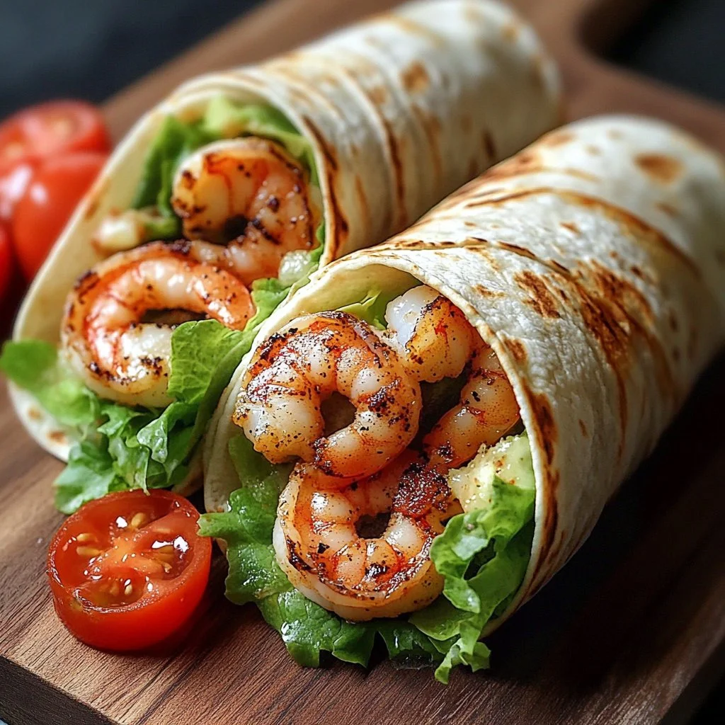 Grilled shrimp Caesar wraps with lettuce, parmesan, and dressing in a tortilla.