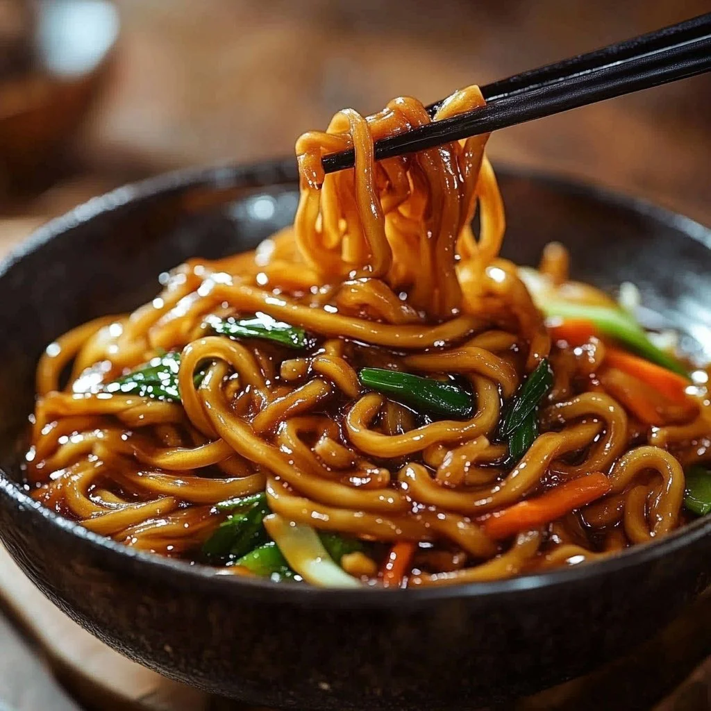 Plate of grilled udon noodles garnished with vegetables and sauces.