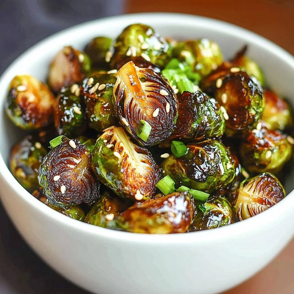 Honey Sriracha Roasted Brussels Sprouts on a plate, garnished with green onions.