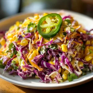Bowl of Jalapeño Corn Coleslaw with fresh ingredients and vibrant colors