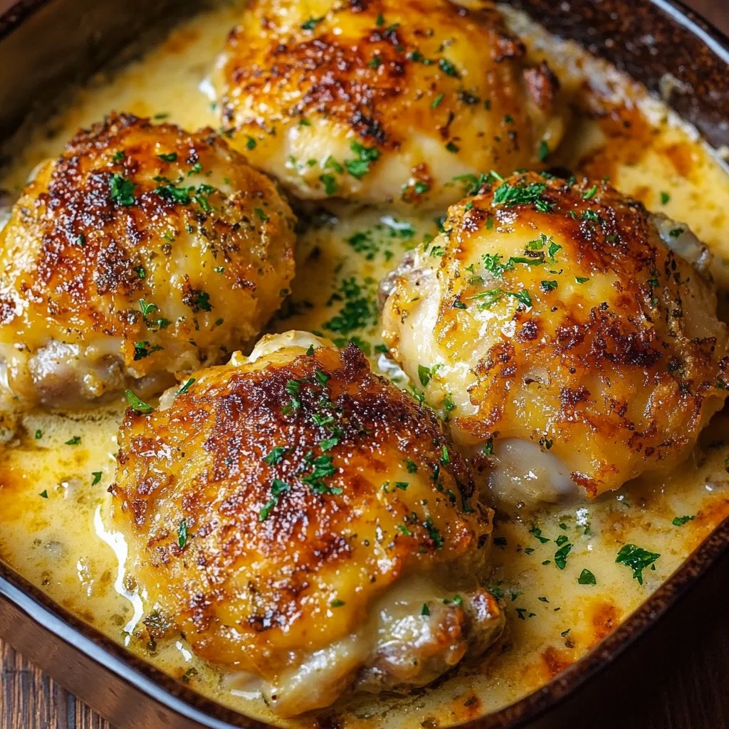 Keto Baked Cheesy Ranch Chicken Thighs ready to serve with a cheesy topping