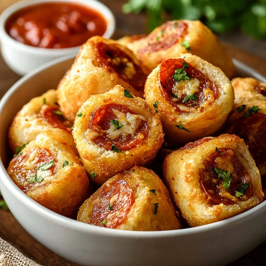 Keto Pizza Roll Ups served on a plate, topped with cheese and herbs.