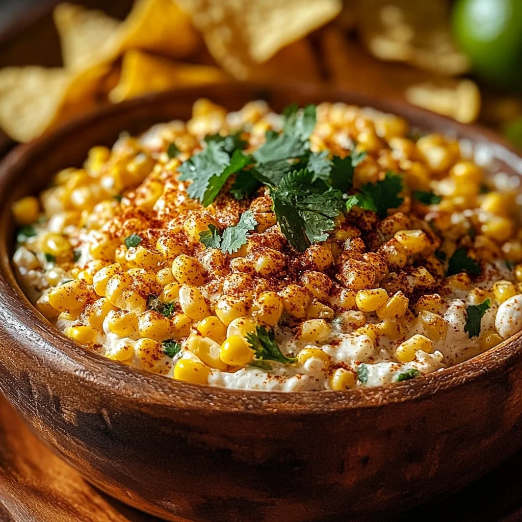 Delicious Mexican Street Corn Dip served in a bowl with toppings.