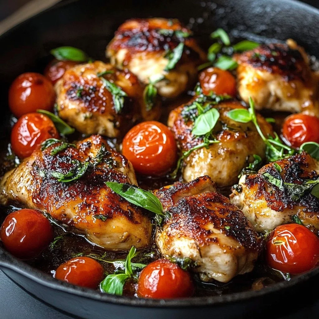 One pan balsamic chicken served with vegetables in a skillet