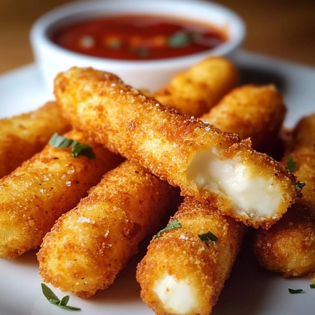 Perfectly fried mozzarella sticks with gooey cheese inside and crispy golden coating
