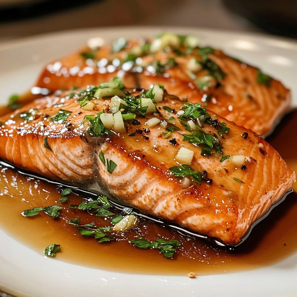 Delicious honey glazed salmon fillet on a plate with herbs and lemon