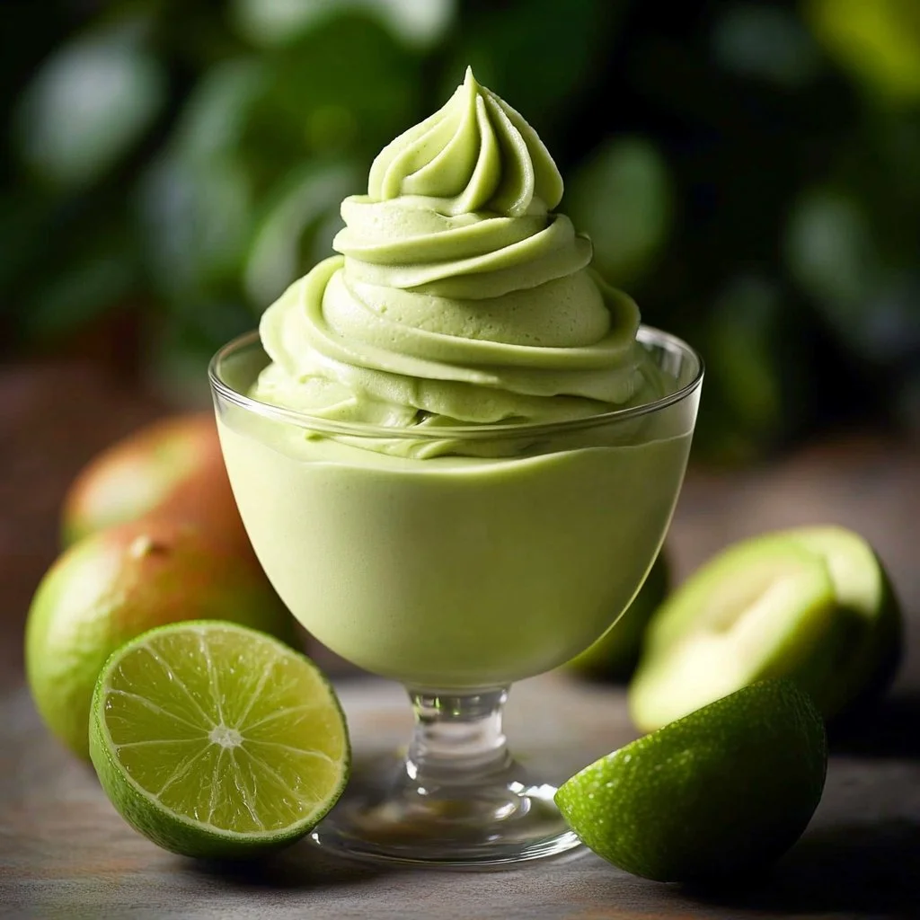 Delicious raw avocado lime mousse served in a bowl with fresh lime slices.