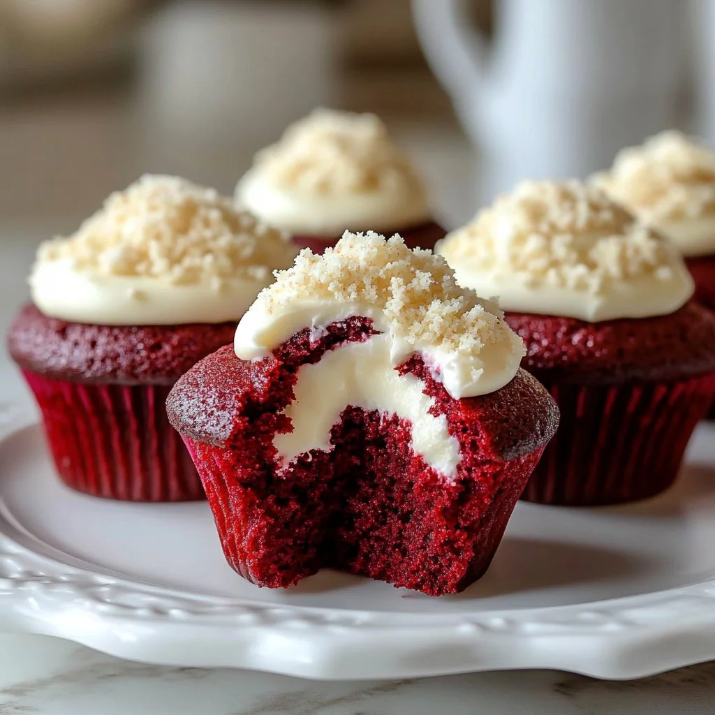 Red velvet cream cheese muffins displayed on a rustic wooden table